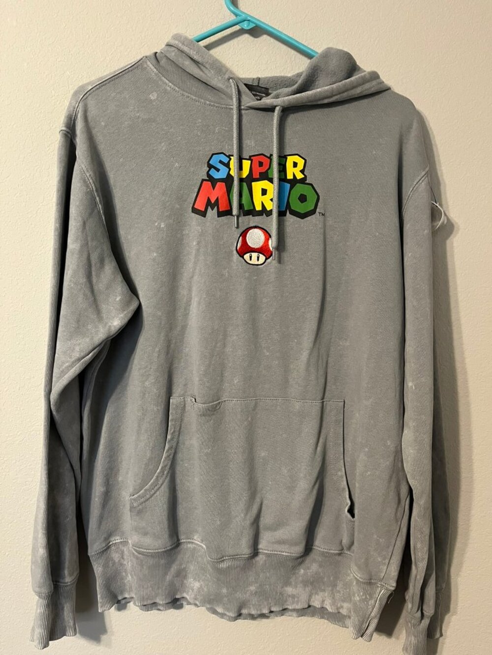 Official Nintendo Super Mario Mushroom Mineral Wash Grey Hoodie Size M